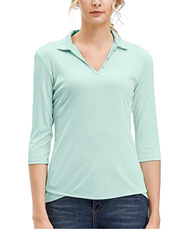 Women's Moisture Wicking 3/4 Sleeves Athletic Golf Polo Shirt Top & Tee Aqua Blue-L