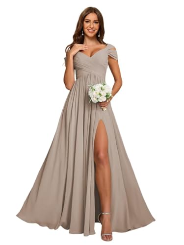 Image of vintys Women's Off Shoulder Ruched Bridesmaid Dresses Long with Pockets Slit Chiffon Formal Evening Dress VS180