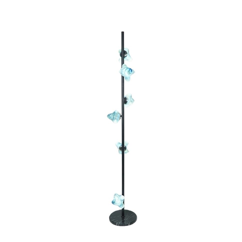 Standard Lamp Six Blue Glass Floor Lamps Beside the Sofa in The Living Room and Black Iron Table the Bed in The Bedroom Corner