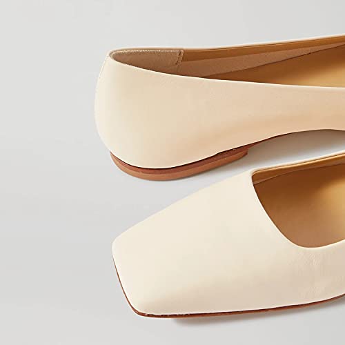 FOWT Women's Original Flower Pattern Soft Cream Leather Handmade Flats,Square Toe Flat Chunky Heel Pumps,Casual Solid Color Slip on Shoes for Driving Walking Traveling US Size 4-164