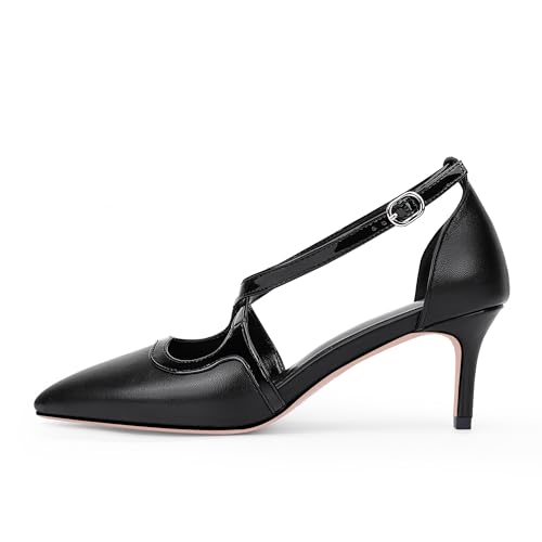 100FIXEO Women's Black Pointed Toe Cross Strappy High Heel Pumps Stylish Comfortable Office Party Footwear4