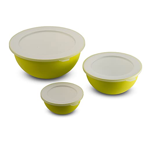 Omada Design, Kit de 3 bols à salade avec couvercle (0,5 l, 1,5 l, 3,5 l) Intérieur blanc et extérieur coloré, Microban antibactérien Ligne Sanaliving