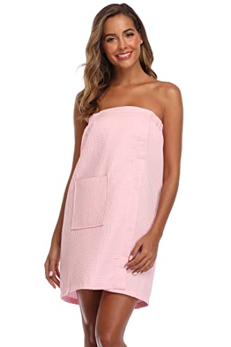 Image of Women's Bath Towel Wrap Waffle Spa Body Wrap with Adjustable Closure Quick Dry Lightweight Towel Robes with Pocket, Pink S /M