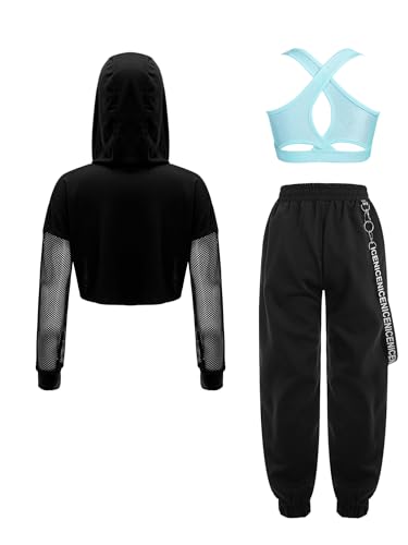iiniim Girls Jazz Street Dance Outfits 3 Piece Sweatsuits Hip Hop Dance Sweatshirt Sport Bra Jogger Pants Set2