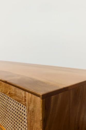 Image of TV Stand for 65 inch TV, Dark Chocolate (Natural Colour) | Premium Solid Wood, 10 Minutes Assembly (Legs Only), Aesthetic Rattan Doors, Mid Century Entertainment Center