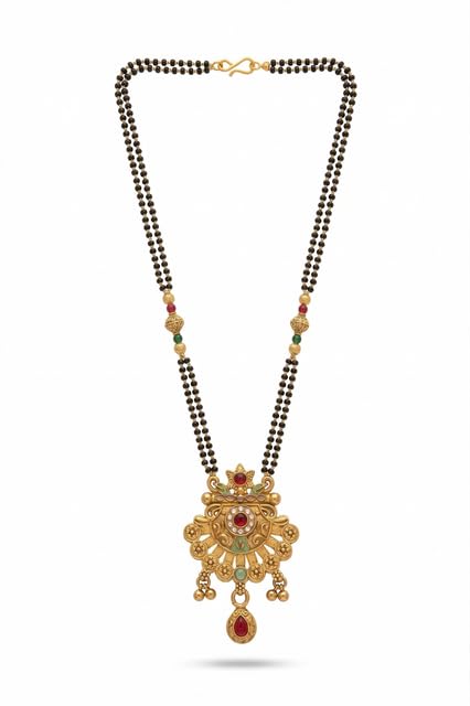 Exquisite Antique Gold-Plated Temple Mangalsutra Set – Heavy Handcrafted Dual-Pendant Design with Ruby & Emerald Accents and Matching Jhumka Style Earrings (p_d_t_6)-image-2