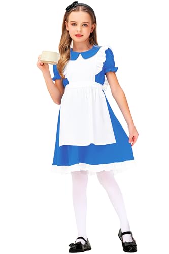 Deerose Kids Blue White Dresses with White Apron Halloween Princess Dress 3-14 Years2