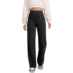 keriffe Women’s Straight Leg Pants High Waisted Button Stretchy Business Work Casual Trousers Multiple Pockets