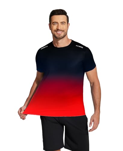 PINSPARK Sport Tshirts Herren Gym Shirt Funktionsshirt Kurzarm Sportshirt Schnelltrocknend Trainingsshirt Atmungsaktiv Laufshirt Farbverlauf Fitness Running Tops Rot L