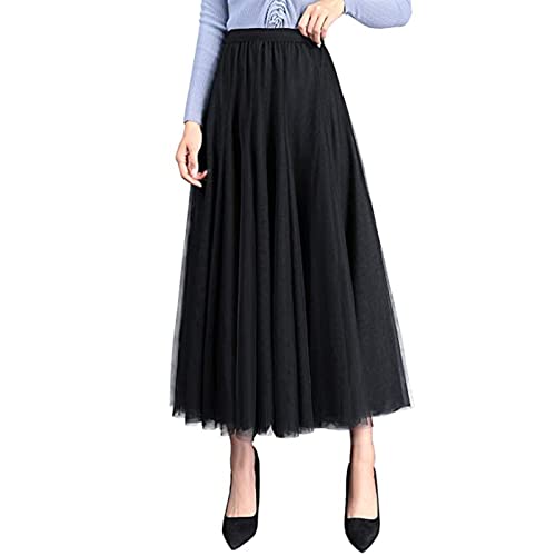 Damen Langer Tüllrock Petticoat A Linie Rock Damen Ballettrock Faltenrock Elegante Hochzeit Tutu Maxiröcke High Waist Unterrock für Frauen Einheitsgröße(Schwarz,Einheitsgröße) Cover