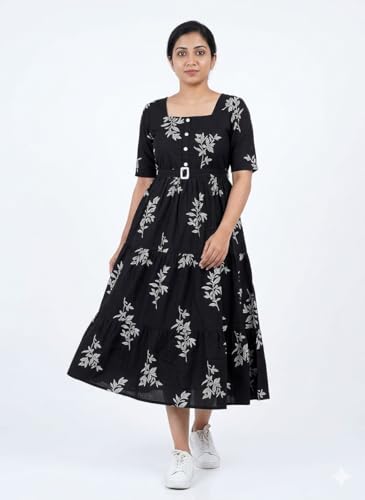 Image of Women's Cotton Floral Leaf Print Tiered Midi Dress - Square Neck, Short Sleeve A-Line Smock Dress for Casual Summer & Vacation Wear