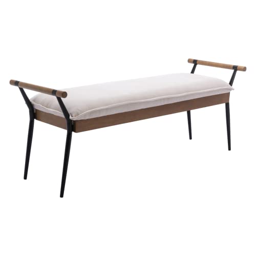 HEAH-YO Moderno banco de entrada, banco de dormitorio de chenilla suave con reposabrazos y patas de metal, taburete otomano de altura de asiento de 18 pulgadas para sala de estar, color blanco