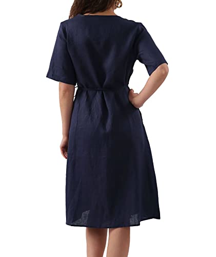 Amazhiyu Womens Pure Linen Summer Short Sleeve Wrap Midi Dresses with Pockets3