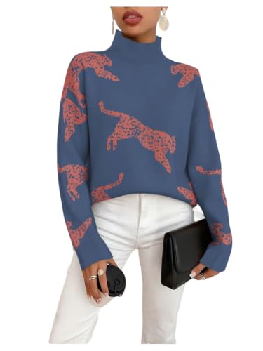 Image of WDIRARA Women's Leopard Tiger Print Sweater High Neck Long Sleeve Fuzzy Knitted Pullover Top