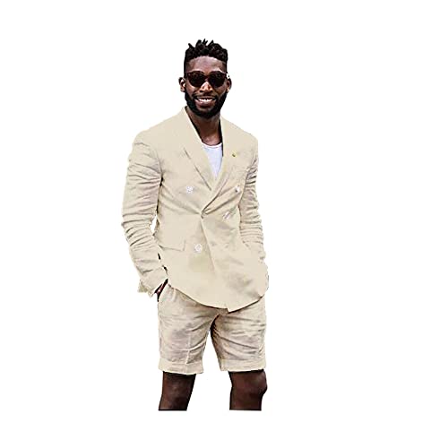 Mens Linen Cotton Shorts Suit Casual Grooms Beach Wedding Slim Fit Tuxedo Suit Blazer & Shorts Set