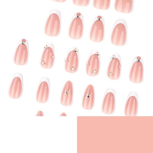 Image of White Press on Nails French Tip Fake Nails with Rhinestone Design Star Nail Press ons Medium Almond Stick on Nail Glossy Full Cover for Women Manicure 24Pcs