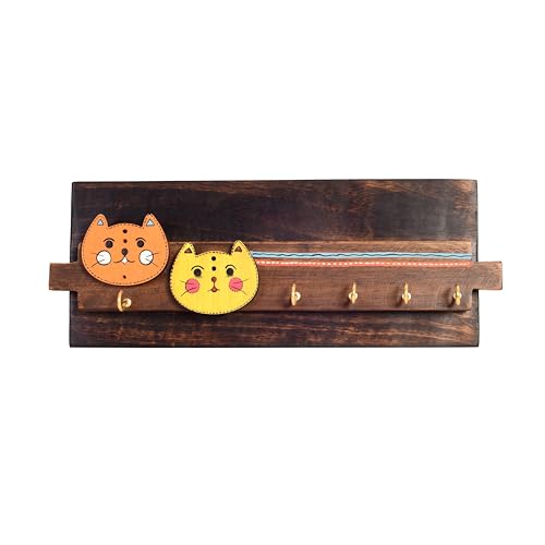 Image of Aakriti Art Creations Key Holder, Meow Key Hanger with Cat Motifs and Beautiful Artwork | Rustic Wooden Wall Organizer with 5 Hooks | Storage Shelf For Keys, Hats | Multifunctional Entryway Decor Item