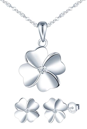 MICMIF 925 Sterling Silber Schmuckset für Damen Vierblättriges Kleeblatt Ohrringe und Halskette für Frauen Mädchen, Ohrstecker Kleeblatt und Kette Anhänger Kleeblatt Set...
