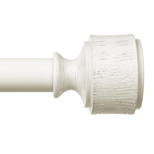 Image of Antique White Wood Curtain Rod, Decorative Heavy Duty Curtain Rods for Windows 48 to 84 Inch, Adjustable Rustic Farmhouse 1'' Metal Drapery Pole with Modern Faux Wood Grain Finials