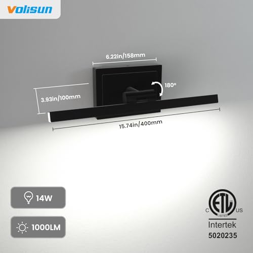 VOLISUN Modern Bathroom Vanity Light 15.7 inch, Rotatable, 12W Dimmable 5CCT Led Bathroom Light Fixture Over Mirror, Black Bar Vanity Light for Bathroom Mirror Restroom-ETL Certificated