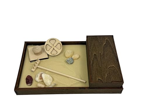 Wooden Zen Garden with Storage Box | Desert Luxe Sand with Rake & Accessories | Minimalist Decor Gift for Relaxation