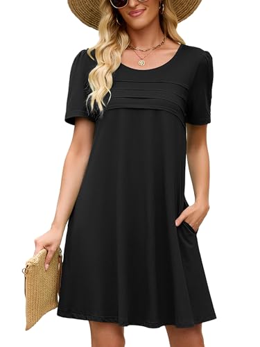 Image of Heymoments Women's Short Sleeve Crewneck Sundress Summer Casual A-Line Beach Dress with Pockets S-2XL
