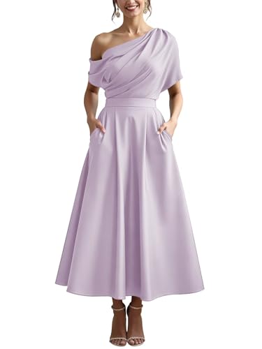 Satin Wedding Guest Dresses for Women Tea Length One Shoulder