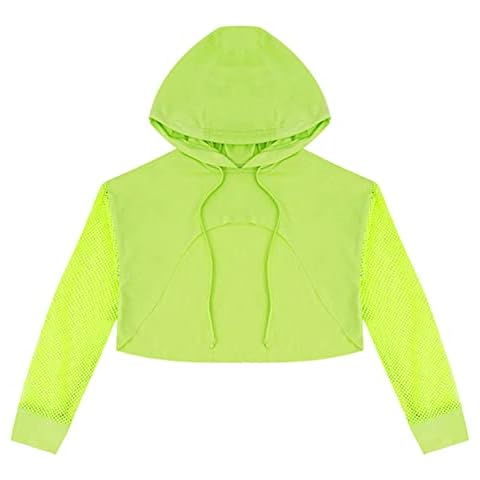 Linjinx Kids Girls Jazz Dance Performance Costume Sheer Mesh Cropped Hoodie Fishnet Pullover Hooded Tops Fluorescent Green 9-10 Years Cover