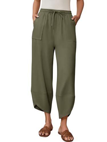 Women's Harem Cotton Linen Pants Wide Leg Barrel Baggy Sweatpants Palazzo Elastic Waist Trousers with Pockets Beach