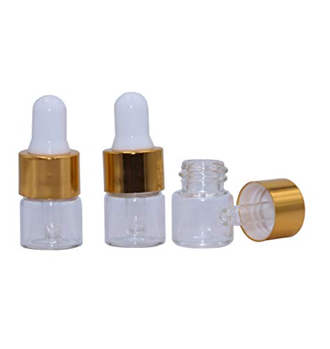 15Pcs Glass Essential Oil Dropper Bottles Clear Mini 1ml/2ml/3ml Perfume Dropping Bottle Cosmetic Sample Vials with Gold Cap and White Latex