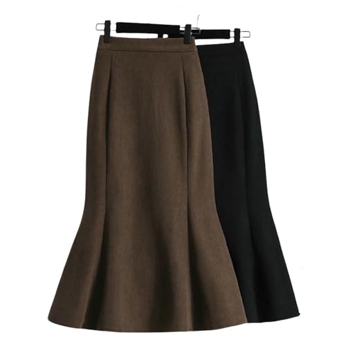 Casual Stretchy Plus Size Skirt Women Winter Keep Warm High Waist Elastic A Line Skirt Elegant Long Skirts-Brown-0Xl3