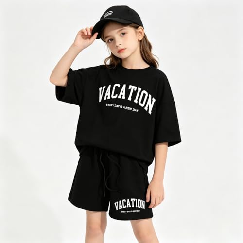 Image of Size 6-12 Years Girl's Tracksuit Sets 2 Piece Outfits Letter Print Vacation Tee Top and Drawstring Waist Shorts