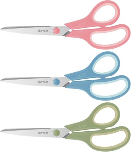 iBayam 8.5 Inch Scissors All Purpose Heavy Duty 3 Pack 2.5mm Thick Ultra Sharp Blade Comfort-Grip for Office Classroom School Cardboard Craft Desk Left/Right Handed Cute Pastel Pink Blue Green