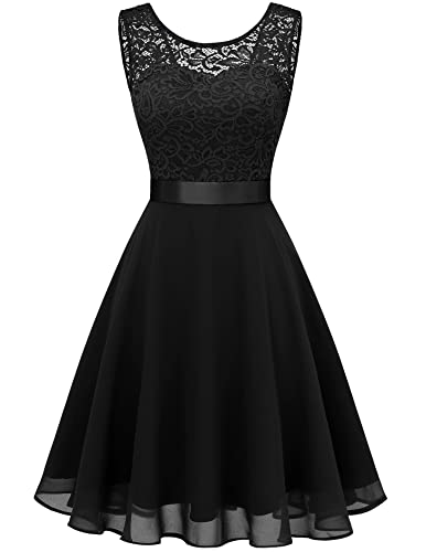 Berylove Damen Spitzenkleid Brautjungfer Elegant Party Knielang Cocktailkleid Chiffon Ärmellos BLP7005B-BlackS