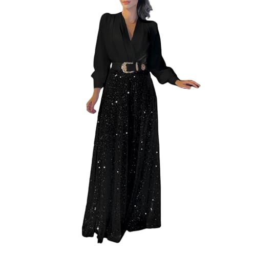 Tuta Elegante Donna Con Schiena Scoperta, Completo Paillettes Curvy Tailleur Brillantini Vita Alta, Scollo a V Maniche Lunghe per Cocktail Cerimonia Party