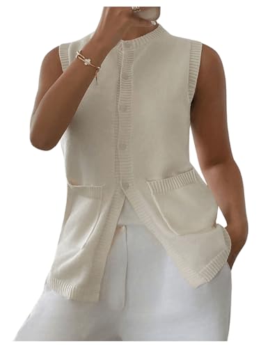 Verdusa Women's Button Front Sweater Vest Split Hem Round Neck Sleeveless Knit Tops with Pockets