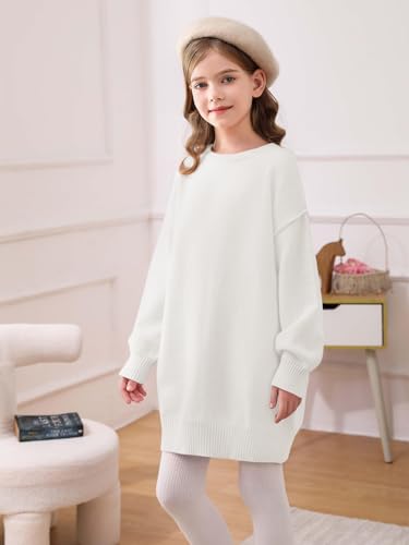 Image of Haloumoning Girls Sweater Dress Casual Crewneck Knit Long Sleeve Fall Winter Dress Pullover 5-14Y White