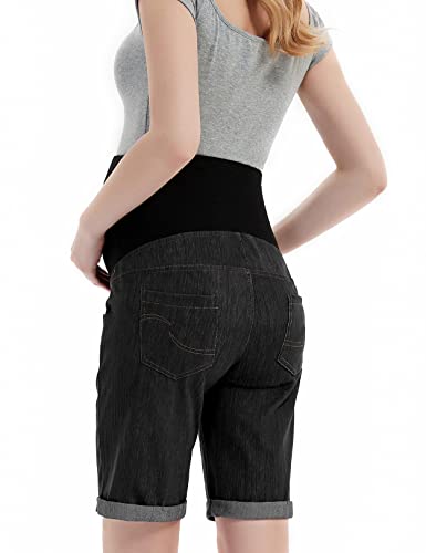 Bhome Maternity Bermuda Denim Jean Shorts Over The Belly Full Panel Casual Pregnancy Short Pants Black S #TOP1