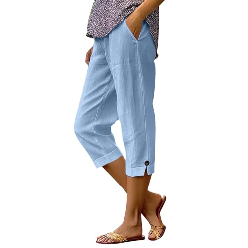 Capri Jeans for Women Stretch Capri Pants for Women Summer Casual Cropped Linen Pants Elastic Waist Side Pockets Bottoms Button Hem Trousers Light Blue
