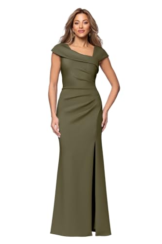 Image of Xscape Women's Long Bodycon Formal Evening Gown with Cap Sleeves, Asymmetrical Neckline, Ruched Bodice and Front Slit