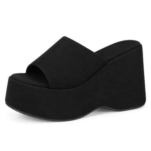 Women's Suede Platform Wedge Heel Slide Sandals Y2K Round Open Toe One Strap Slip-On Heeled Sandals Stylish Comfortable Daily Casual Summer Slippers