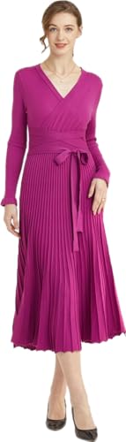 Image of Women's Long Knit Crewneck Sweater Dress Tie Waist A-Line Swing Pleated Bodycon