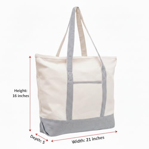 Image of Gray Canvas Zippered Tote Bag - 22 Inches, Heavy-duty, Reusable, Washable, Foldable, and Multi-purpose 100% Cotton Canvas Tote Bag - Perfect for Beach, Library or Shopping (Gray)