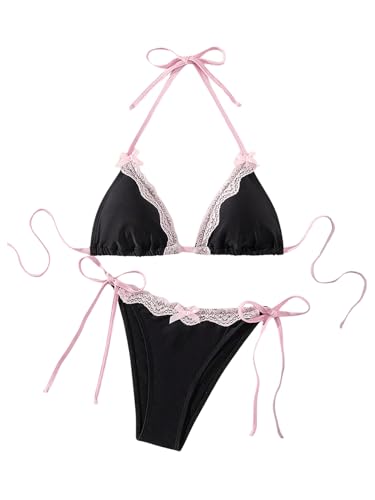 WDIRARA Women's Lace Trim Halter Bikini Set Bow Tie Side Bathing Suit 2 Piece Swimsuit