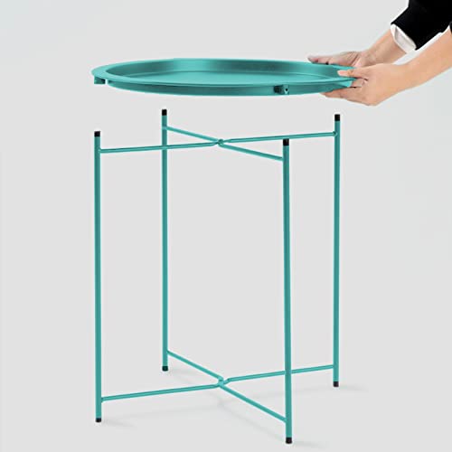 Folding Tray Metal Side Table Green Round End Table Cyan Sofa Small Accent Fold-Able Table, Round End Table Tray, Next To Sofa Table, Snack Table For Living Room And Bed Room #TOP5