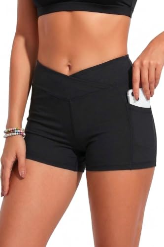 Women 3' High Waisted Swim Board Shorts V Cross Boy Shorts Swim Bathing Suit Bottoms Swimwear with Pockets Black M