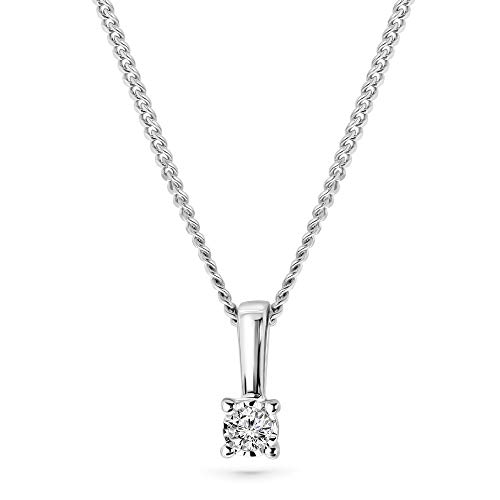 MIORE Collier pour Femmes Collier avec Pendentif Diamant Solitaire 0.03 Ct Chaîne en Or Blanc 9 Carat /375 Or, Bijoux longueur 45 cm