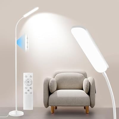Yikuneng Dimmable LED Floor Lamp, Super Bright Reading Lamps Floor Standing Lamp with Remote & Touch Control, Stepless Dimming & 2700K-6500K Color Temperature, for Living Room Bedroom Office, White