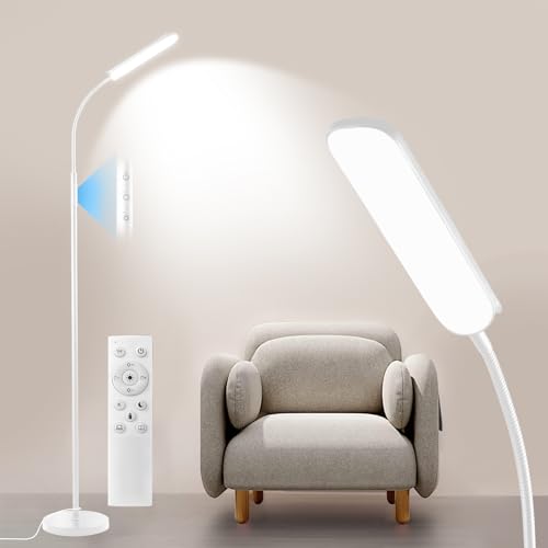 Image of Yikuneng Dimmable LED Floor Lamp, Super Bright Reading Lamps Floor Standing Lamp with Remote & Touch Control, Stepless Dimming & 2700K-6500K Color Temperature, for Living Room Bedroom Office, White