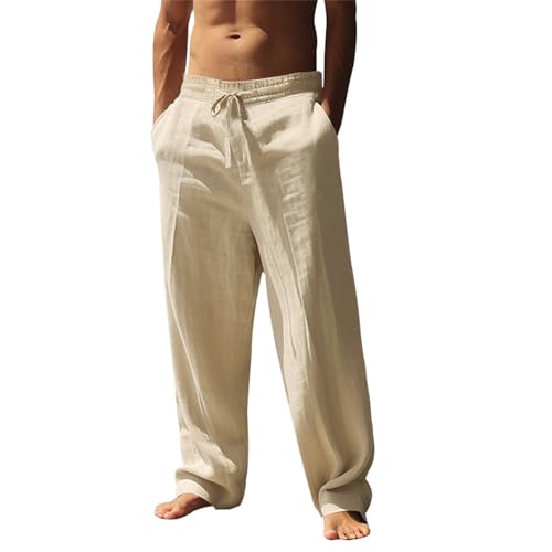 Men's Cotton Linen Pants Elastic Waist Drawstring Wide Leg Pant Relaxed Fit Yoga Beach Trousers with Pockets